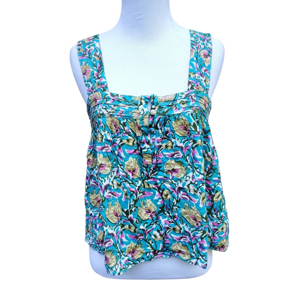 Natural Life Kate Pleated Tank Top Boho Cottage Blue Floral Sleeveless Cami Sz S